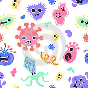 Flue bacteria pattern. Seamless print with coronavirus. Pathogen microbe. Covid-19 germs with funny faces. Infectious