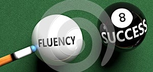 Fluency brings success - pictured as word Fluency on a pool ball, to symbolize that Fluency can initiate success, 3d illustration