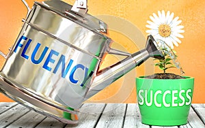 Fluency helps achieving success - pictured as word Fluency on a watering can to symbolize that Fluency makes success grow and it