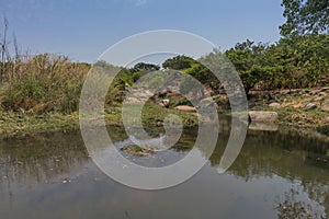 fluent river with rocks and vegetation in Africa. Lubango. Angola.