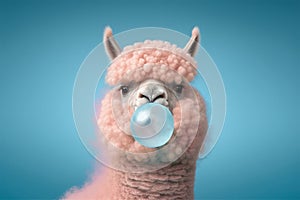 Fluffy adorable lama blowing bubblegum. Generative ai photo
