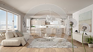 Fluffy airy dandelion with blowing seeds spores over modern living room with sofa and kitchen with dining table. Interior design
