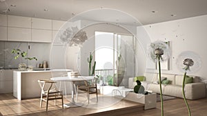 Fluffy airy dandelion with blowing seeds spores over modern white kitchen with table and living room with sofa. Interior design