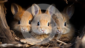 A fluffy baby rabbit sits in a row with two baby chickens, looking cute in the grass generated by AI