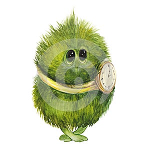 Fluffy ball, funny monster with a watch on his neck, watercolor painting