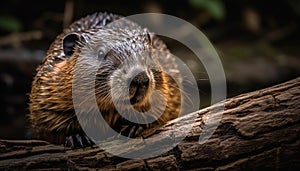 Fluffy beaver eating nutria in tranquil pond generated by AI