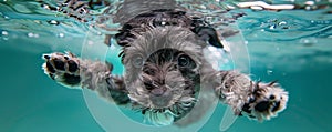 Fluffy black puppy swimming underwater