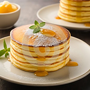 Fluffy breakfast pancakes with maple syrup and berries photo