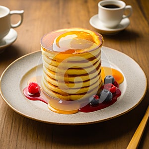 Fluffy breakfast pancakes with maple syrup and berries photo