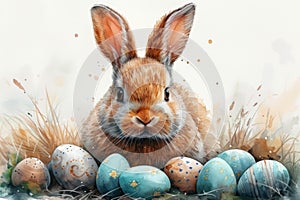 A fluffy brown and white bunny sits in the grass among several colorful Easter eggs on a white