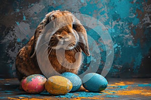 A fluffy brown and white rabbit sitting amidst several colorful Easter eggs against a whimsical blue