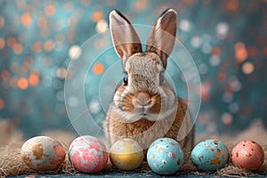 A fluffy brown and white rabbit sitting amidst several colorful Easter eggs against a whimsical blue