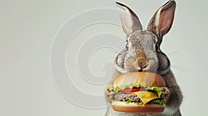 fluffy bunny holding a big cheeseburger, Easter card with space for text
