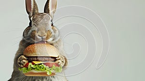 fluffy bunny holding a big cheeseburger, Easter card with space for text