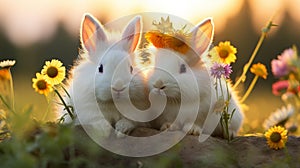 Fluffy Bunny Love in Sunlit Meadow photo