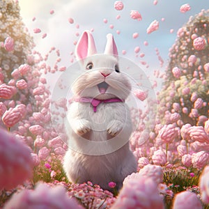 Fluffy Bunny in a Meadow of Pink Flowers