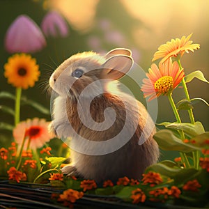 The fluffy bunny playing happily in the warm flowery farm - Generate Artificial Intelligente - AI photo