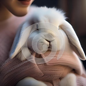 A fluffy bunny with soft fur, being cradled in the arms of a gentle child1