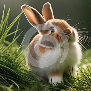 A fluffy bunny with a fluffy tail, nibbling on a blade of grass5 photo