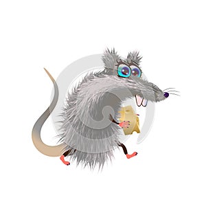 Fluffy cartoon mouse with a piece of cheese on light background. Gray cute, isolated. Vector illustration rodent character