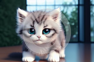 Fluffy cat with big cute eyes. Charming puss with disheveled fur. Generative AI.
