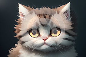 Fluffy cat with big cute eyes. Charming puss with disheveled fur. Generative AI.