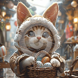 Fluffy cat-bunny with a basket of intricately designed eggs.