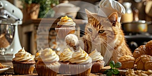 fluffy cat with a chefs hat is captivated by the sight of cupcakes on a table in a cozy kitchen setting