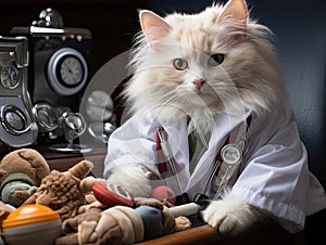 Fluffy cat doctor examines toy patient