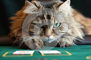 fluffy cat examining a blackjack hand with serious face
