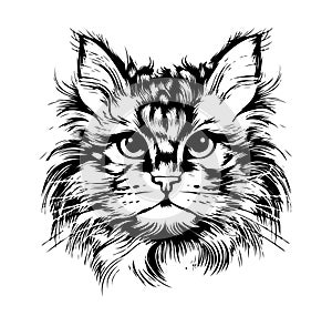 Fluffy cat face sketch hand drawn sketch Vector illustration