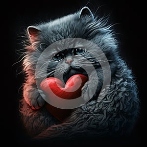 Fluffy cat hugging valentines day heart