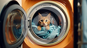 Home Cat in a Washing Machine. Accidental entrapment of cats in front-loading washing photo