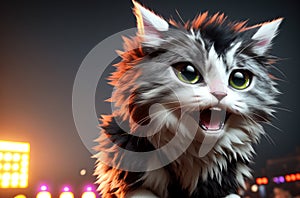 Fluffy cat with open mouth. Puss with disheveled fur yelling. Generative AI.