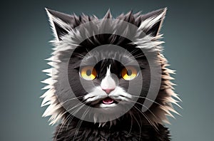 Fluffy cat with open mouth. Puss with disheveled fur yelling. Generative AI.