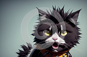 Fluffy cat with open mouth. Puss with disheveled fur yelling. Generative AI.