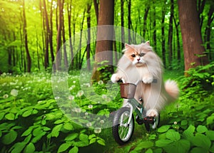 Fluffy cat rides a bicycle through the forest. Traveling