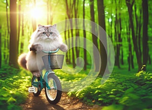 Fluffy cat rides a bicycle through the forest. Traveling