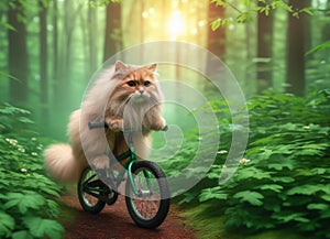 Fluffy cat rides a bicycle through the forest. Traveling