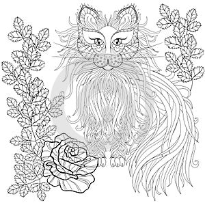 Fluffy Cat in roses, zentangle style. Freehand sketch