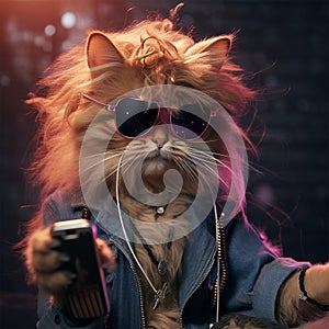 Fluffy cat with sunglasses holding a phone, listening to the musics generated by AI