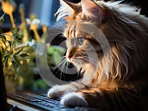 Fluffy cat typing on computer keyboard