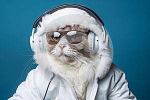 fluffy cat wearing glasses, headphones and a warm jacket