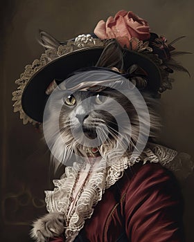 A fluffy cat wears a red jacket with a lace collar, decorated with a stylish hat and a striking feather.