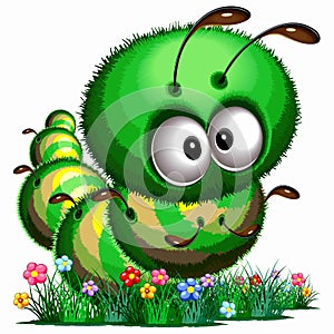 Fluffy Caterpillar Worm Bug Funny Cartoon Character among spring Flowers and moving on green grass, Vector illustration isolated o photo