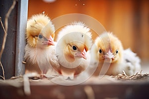 fluffy chicks pecking grain in a coop