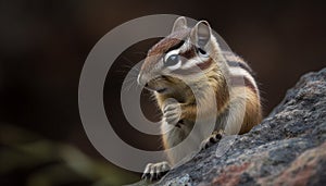 Fluffy chipmunk eating grass, looking at camera, striped fur generated by AI
