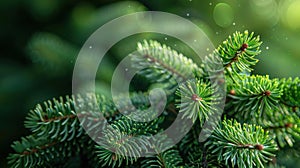 Fluffy Christmas Fir Tree Brunch on Textured Green Spruce Background - Close Up Shot