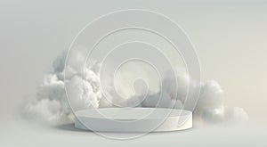 Fluffy Clouds and 3D Realistic Podium Display. White Cloud on Gray Background