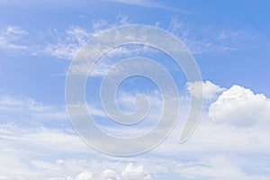 Fluffy clouds on blue sky background, summer day. Light cloud in good weather day. Natural air landscape